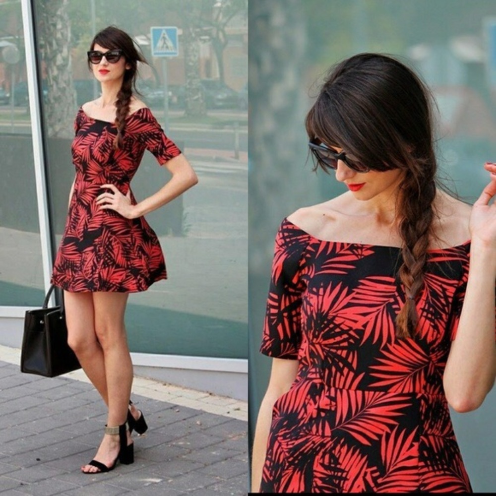 Zara off the shoulder palm leaf dress